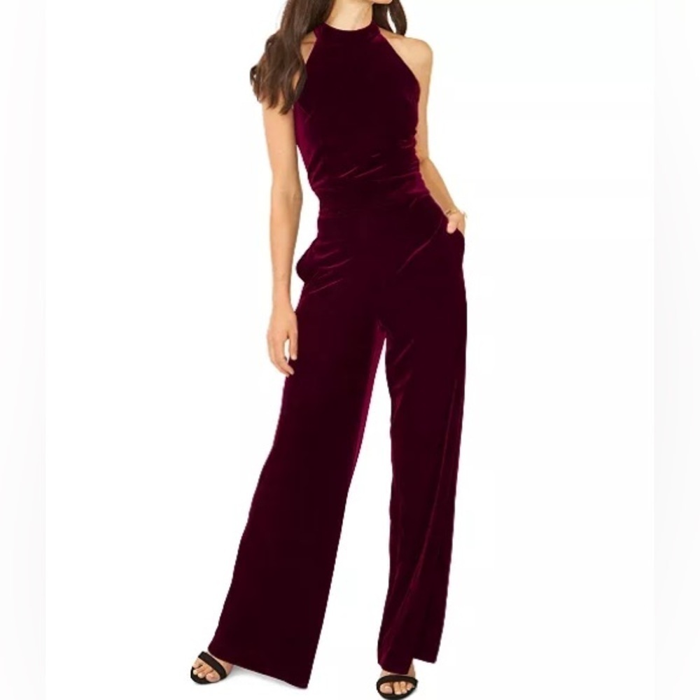 1.STATE Women's Mock Neck Halter Tie-Neck Velvet Jumpsuit Size S